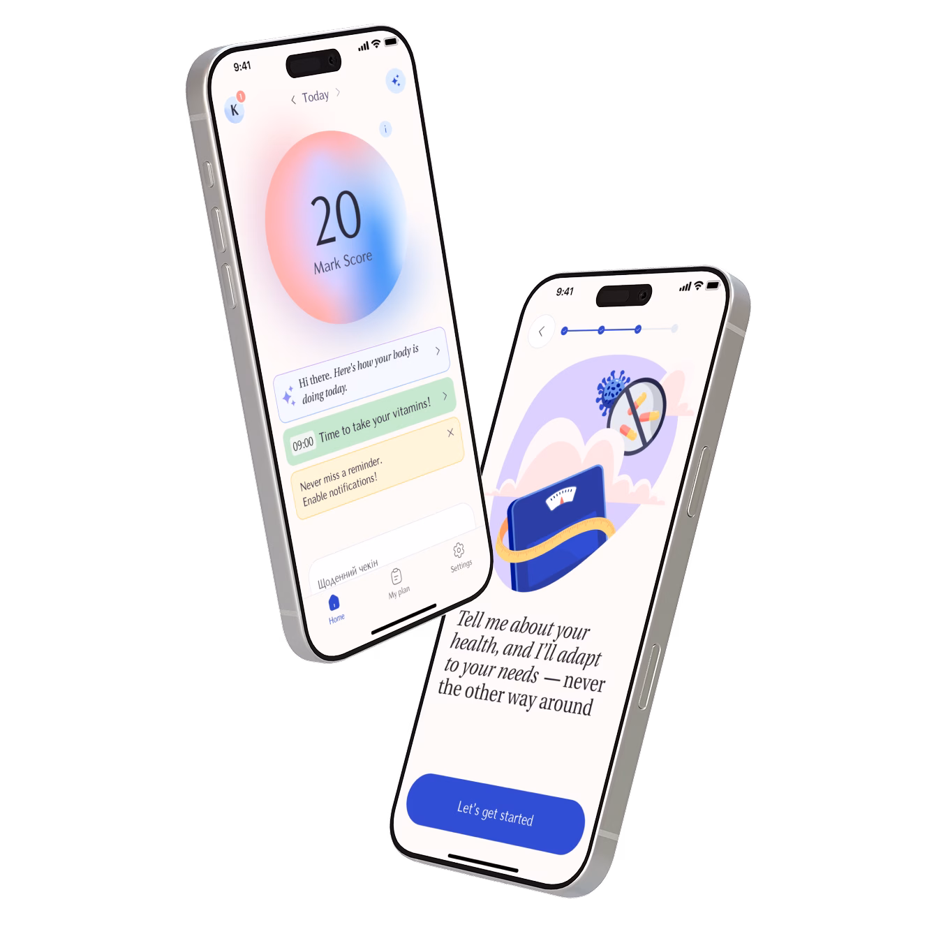 Mark app on phone — wellness routine illustrated