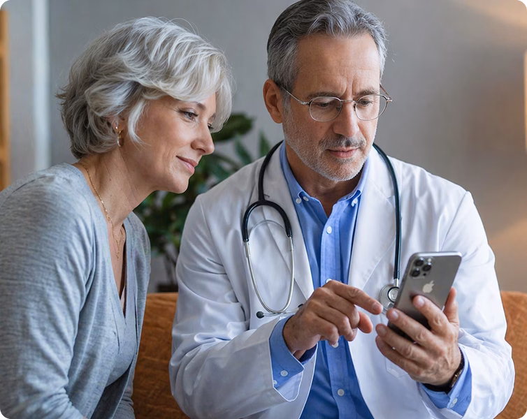 Doctor reviewing health information on a phone with a patient