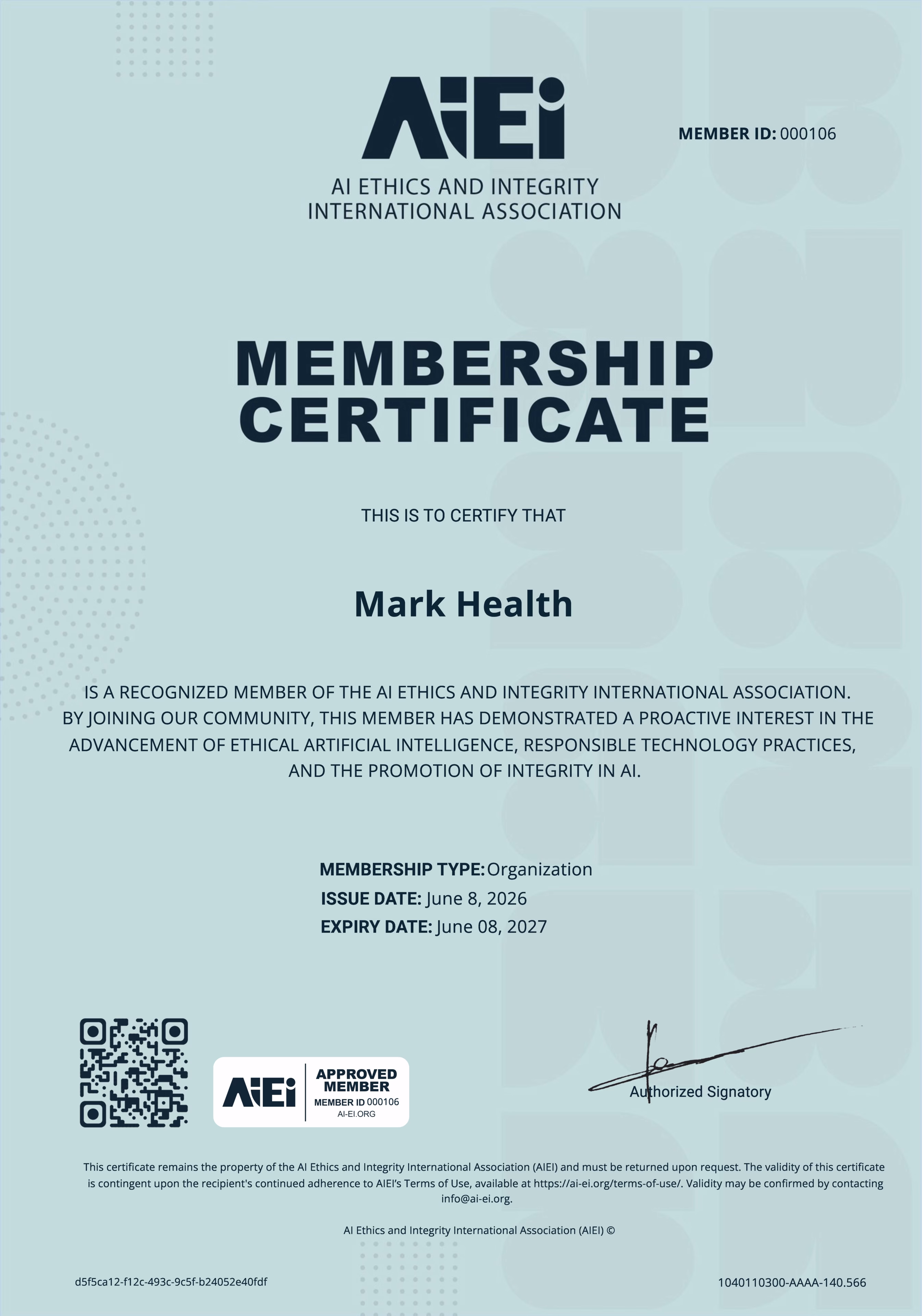 AIEI membership certificate issued to Mark Health